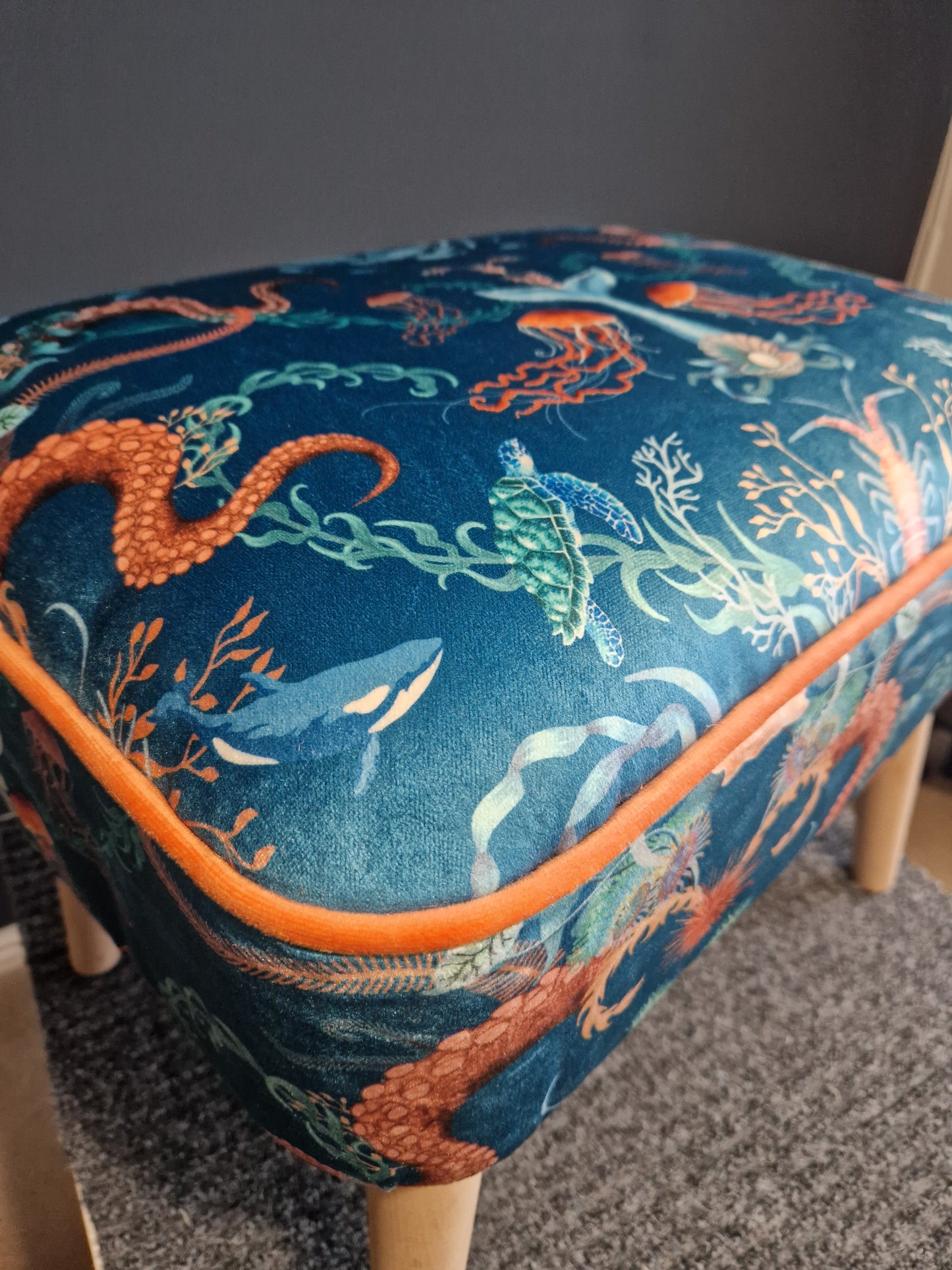 Contemporary Footstool in Ocean Treasures Blue Bay by Becca Who