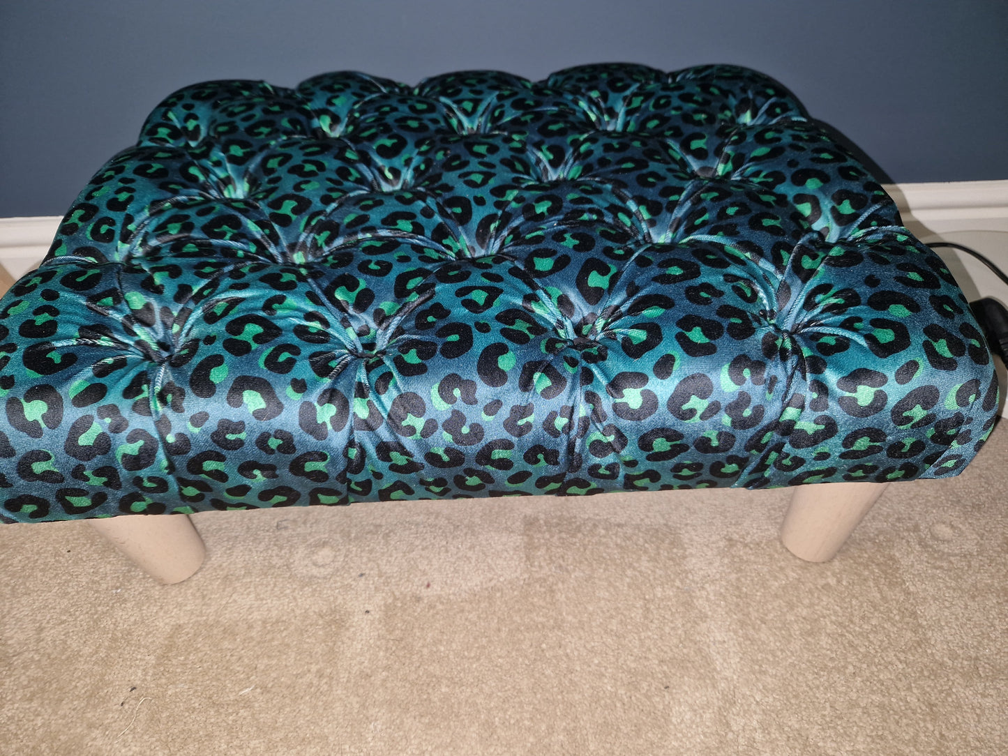 Deep Button Footstool in Blue Leopard Print Velvet by Becca Who
