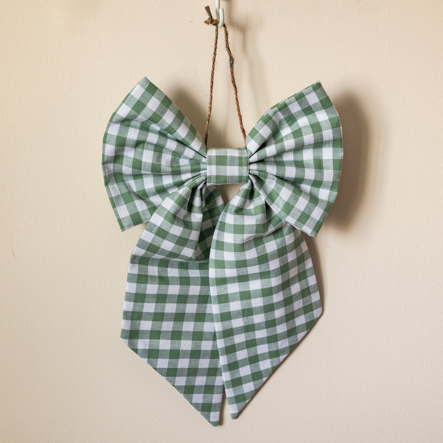 Sage green Gingham Medium Scandi Bow - pre-tied