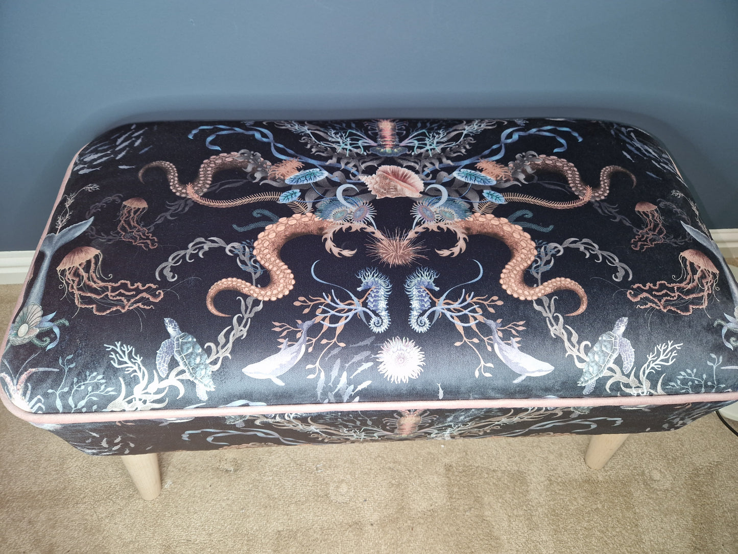 Large Contemporary Footstool in Ocean Treasures Deep Water (Dark blue) by Becca Who