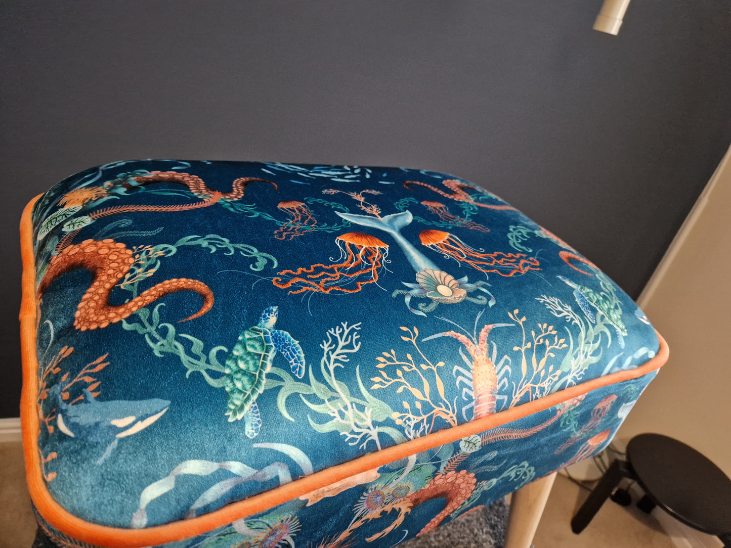 Contemporary Footstool in Ocean Treasures Blue Bay by Becca Who