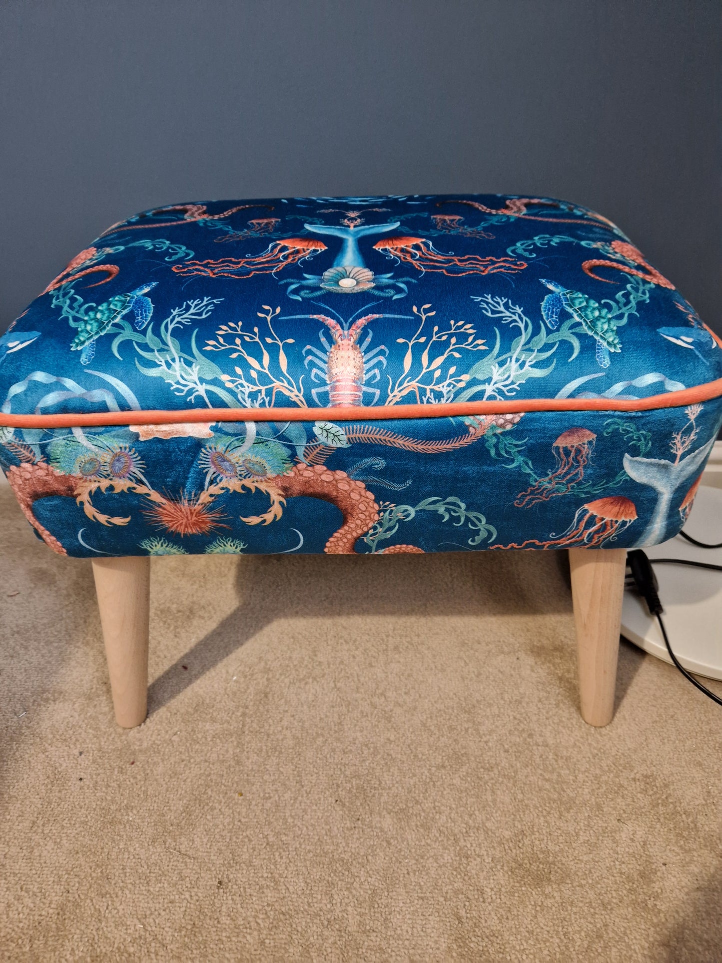 Contemporary Footstool in Ocean Treasures Blue Bay by Becca Who