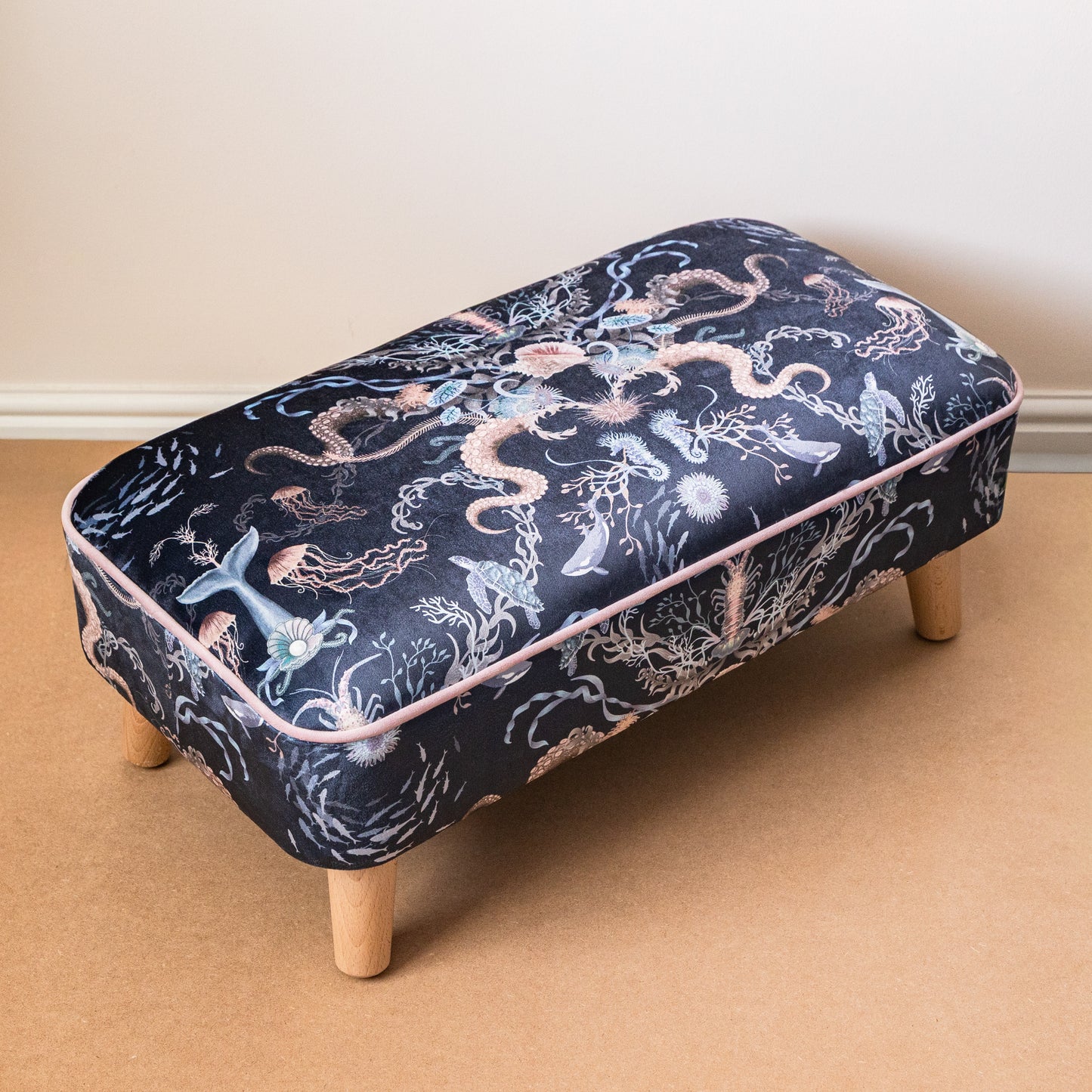 Large Contemporary Footstool in Ocean Treasures Deep Water (Dark blue) by Becca Who