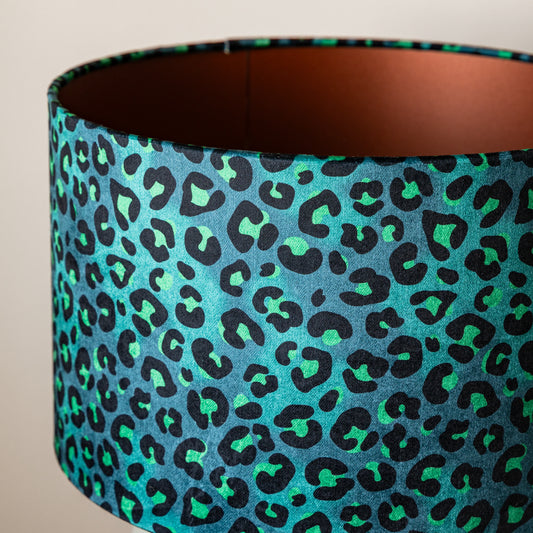 Becca Who Leopard Print in Blue Copper Lined Drum Lampshade