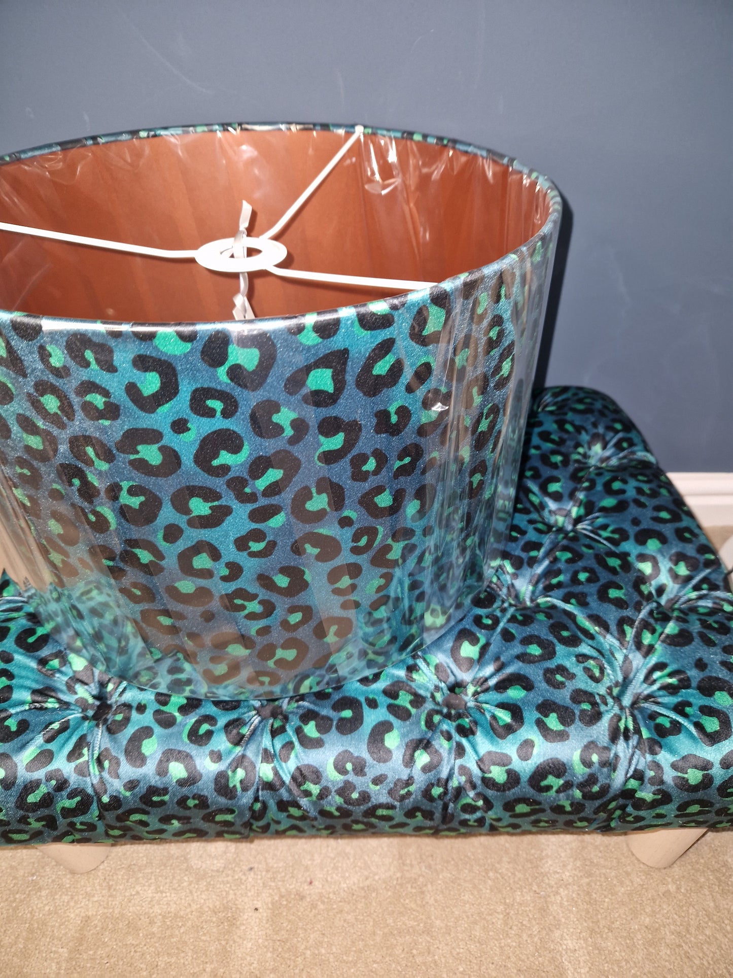 Deep Button Footstool in Blue Leopard Print Velvet by Becca Who