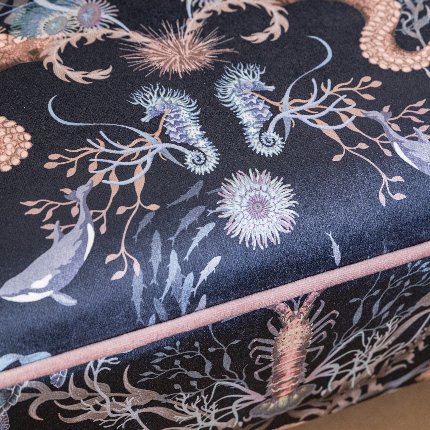 Large Contemporary Footstool in Ocean Treasures Deep Water (Dark blue) by Becca Who