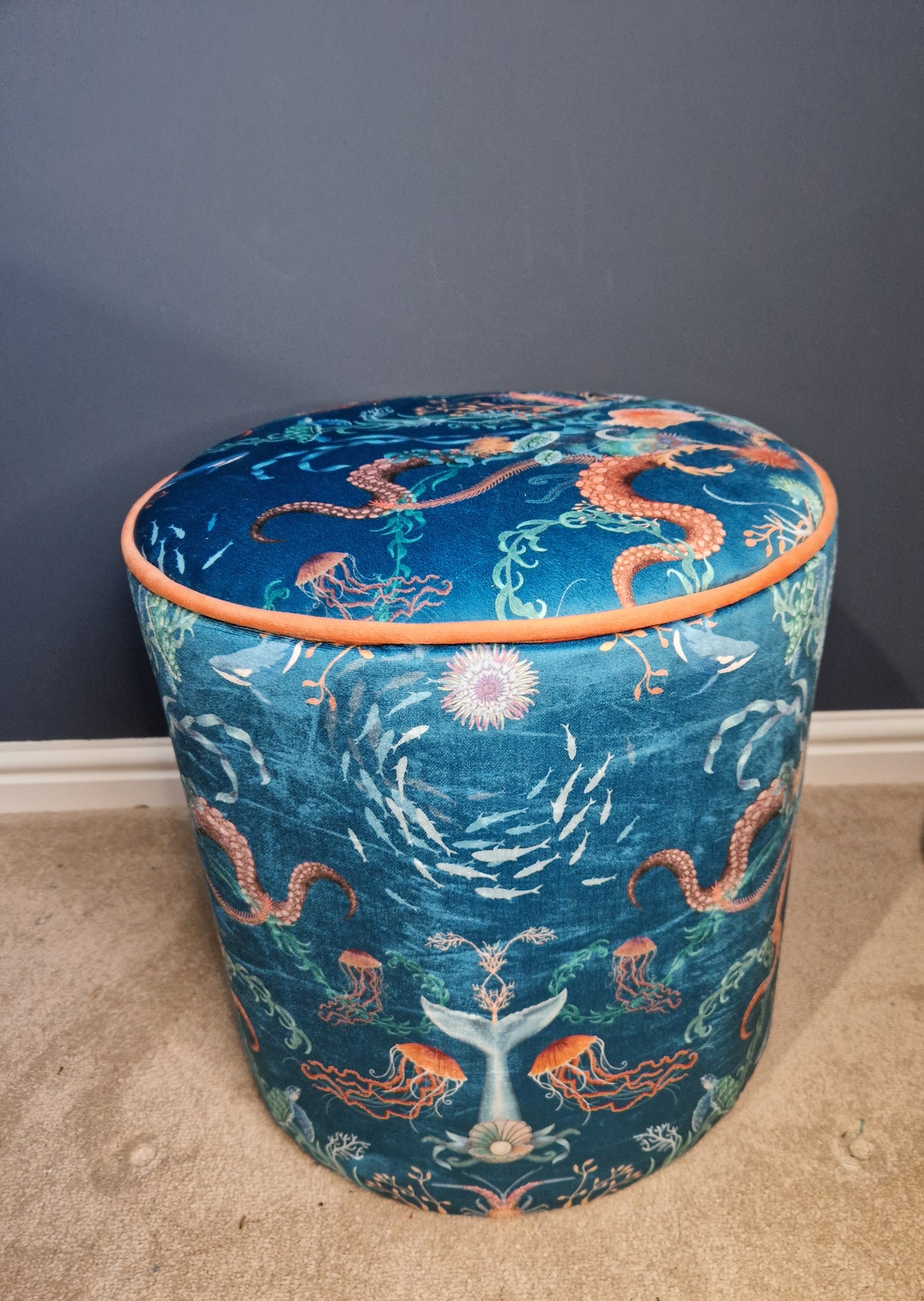 Drum Stool in Ocean Treasures Blue Bay by Becca Who