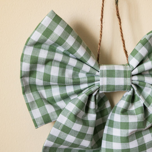 Sage green Gingham Medium Scandi Bow - pre-tied