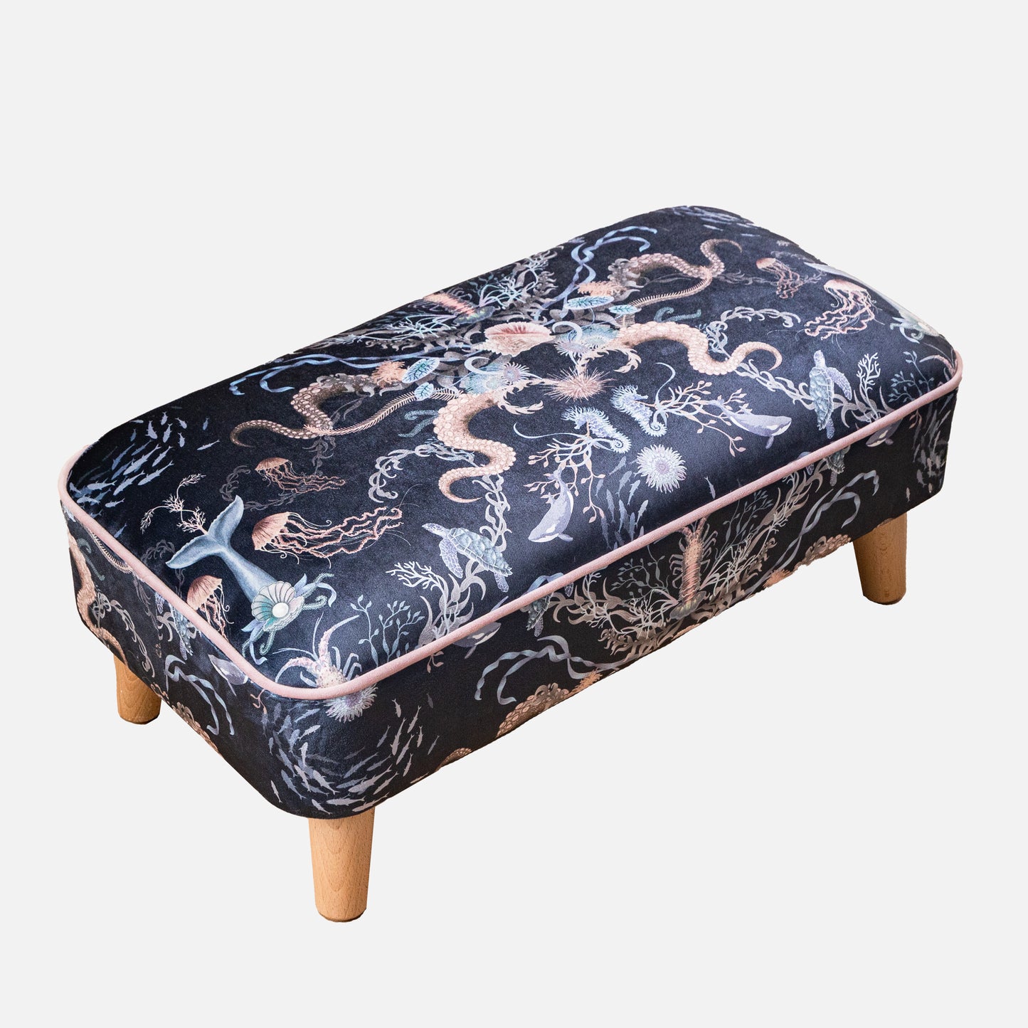 Large Contemporary Footstool in Ocean Treasures Deep Water (Dark blue) by Becca Who