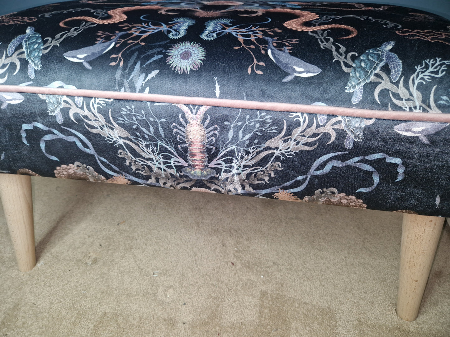 Large Contemporary Footstool in Ocean Treasures Deep Water (Dark blue) by Becca Who