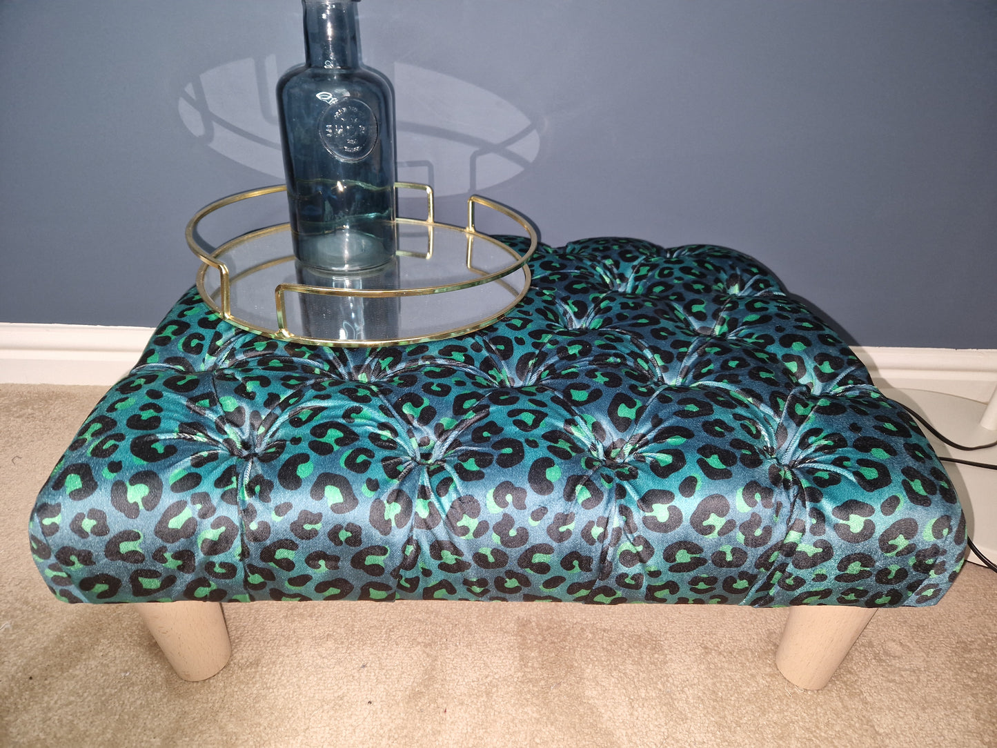 Deep Button Footstool in Blue Leopard Print Velvet by Becca Who