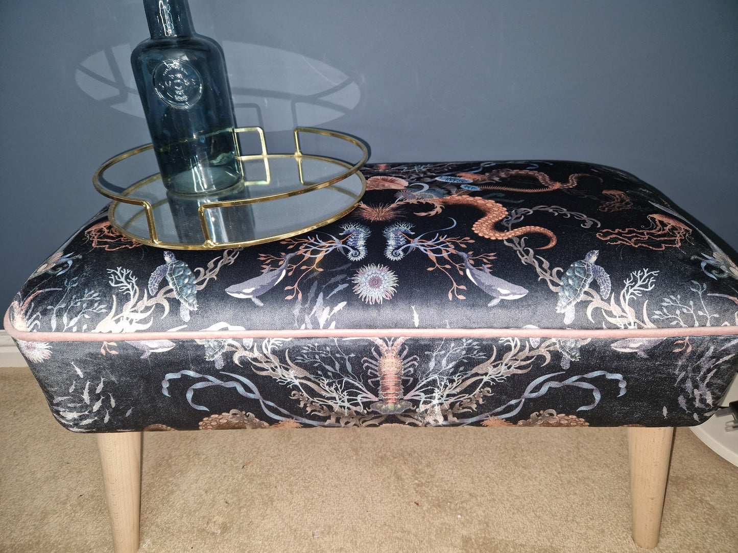 Large Contemporary Footstool in Ocean Treasures Deep Water (Dark blue) by Becca Who