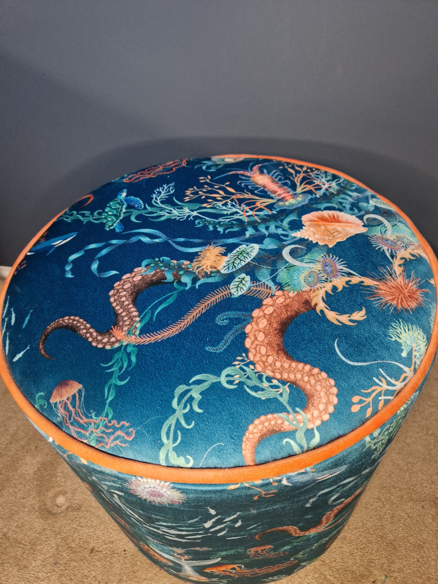 Drum Stool in Ocean Treasures Blue Bay by Becca Who