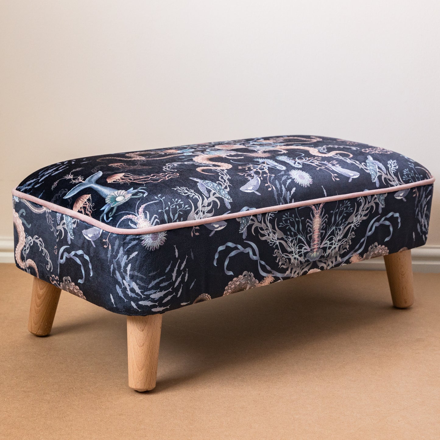 Large Contemporary Footstool in Ocean Treasures Deep Water (Dark blue) by Becca Who